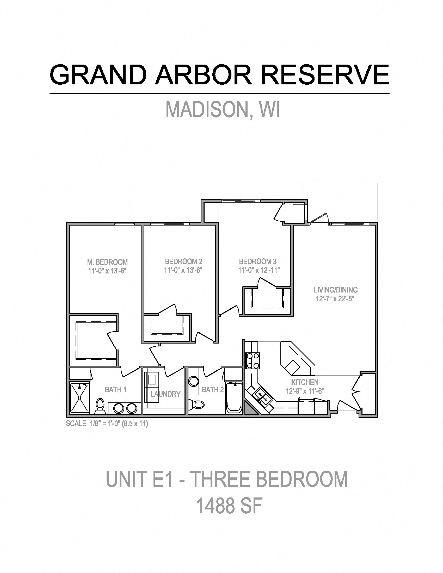Floor plan for 3 beds, 2 baths, 1488 sqft